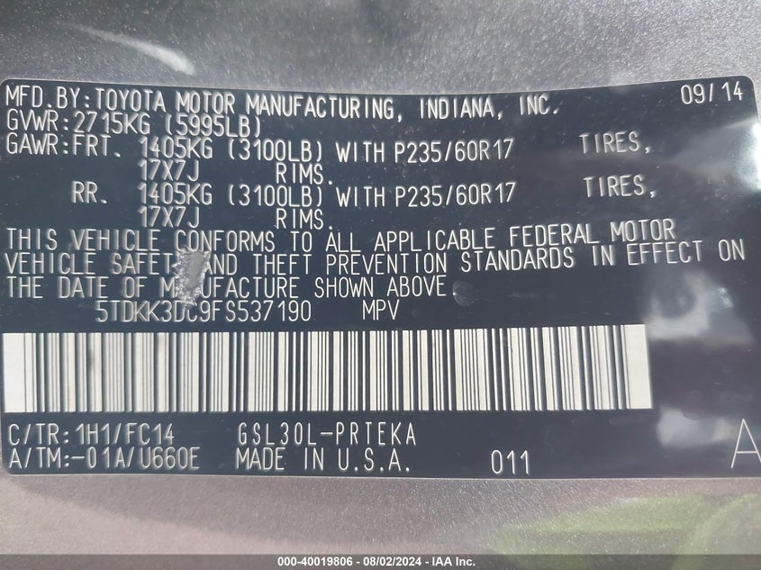 2015 Toyota Sienna Le 8 Passenger VIN: 5TDKK3DC9FS537190 Lot: 40019806