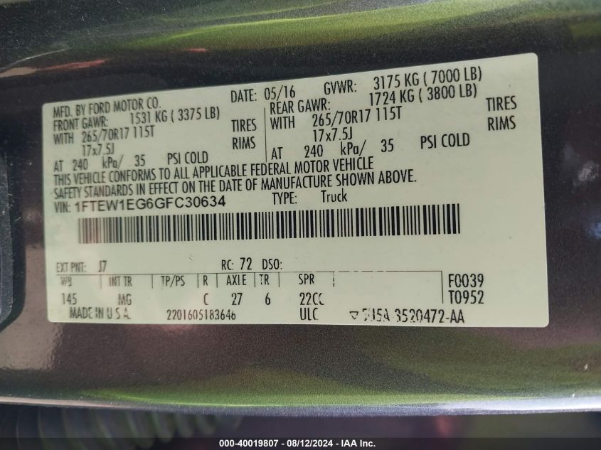 2016 Ford F-150 Xlt VIN: 1FTEW1EG6GFC30634 Lot: 40019807