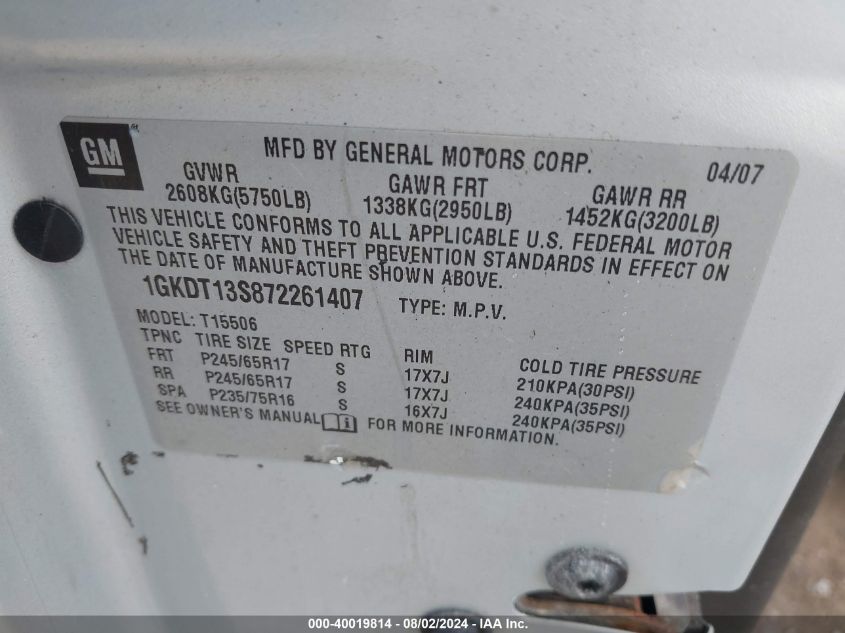 2007 GMC Envoy Slt VIN: 1GKDT13S872261407 Lot: 40019814