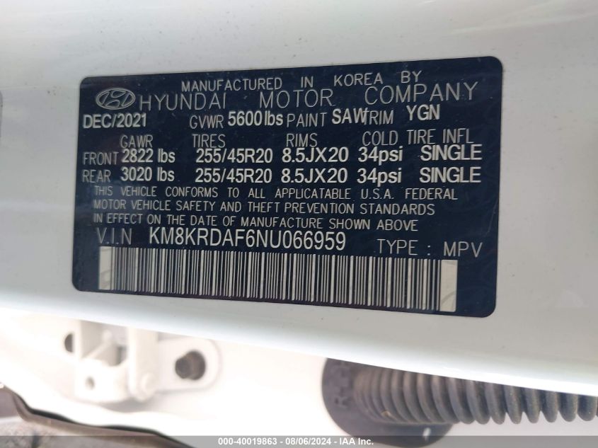 2022 Hyundai Ioniq 5 Limited VIN: KM8KRDAF6NU066959 Lot: 40019863