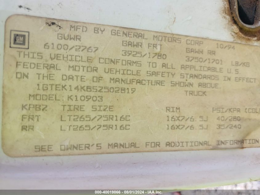 1995 GMC Sierra K1500 VIN: 1GTEK14K8SZ502819 Lot: 40019866