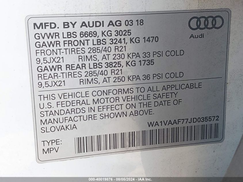 2018 Audi Q7 Prestige VIN: WA1VAAF77JD035572 Lot: 40019876