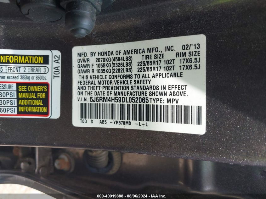 2013 Honda Cr-V Ex VIN: 5J6RM4H59DL052065 Lot: 40019888