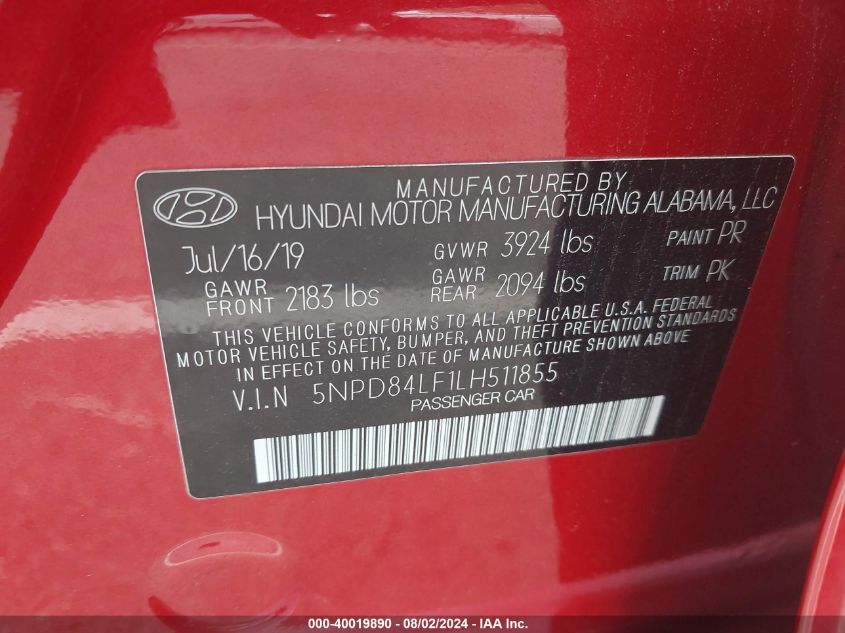 2020 Hyundai Elantra Sel VIN: 5NPD84LF1LH511855 Lot: 40019890