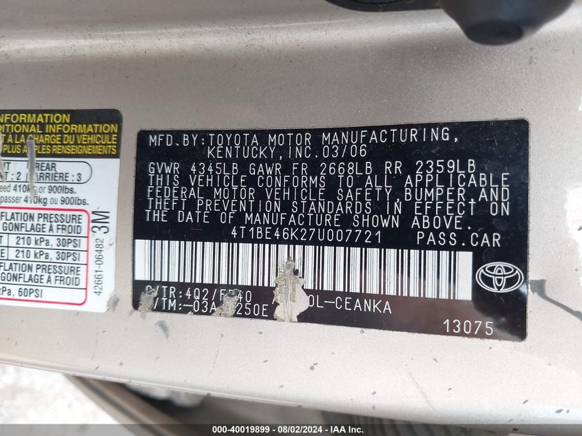 2007 Toyota Camry Le VIN: 4T1BE46K27U007721 Lot: 40019899