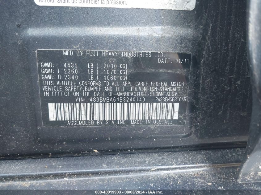 2011 Subaru Legacy 2.5I VIN: 4S3BMBA61B3240140 Lot: 40019903