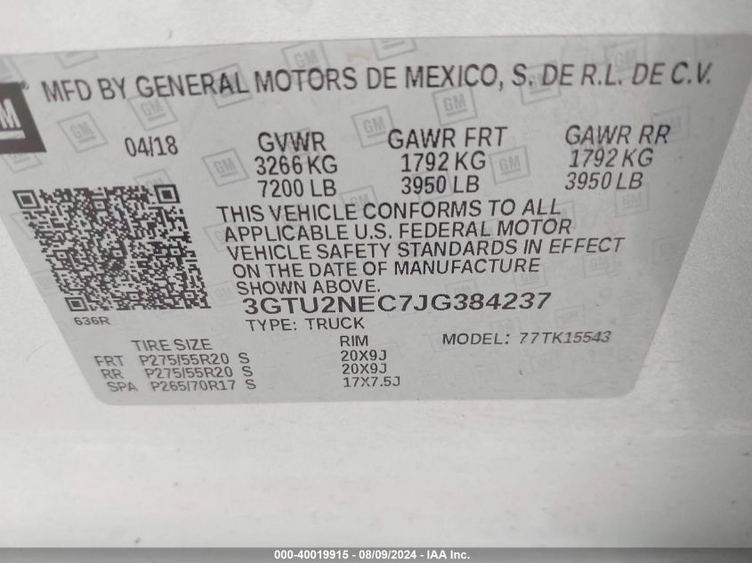 3GTU2NEC7JG384237 2018 GMC Sierra 1500 Slt