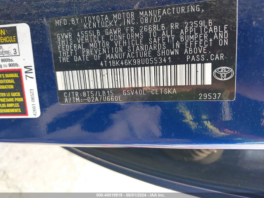 2008 Toyota Camry Se V6 VIN: 4T1BK46K98U055341 Lot: 40019919
