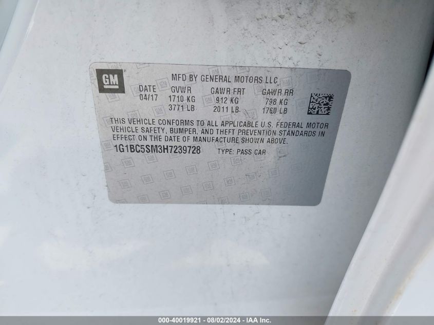 2017 Chevrolet Cruze Ls Auto VIN: 1G1BC5SM3H7239728 Lot: 40019921