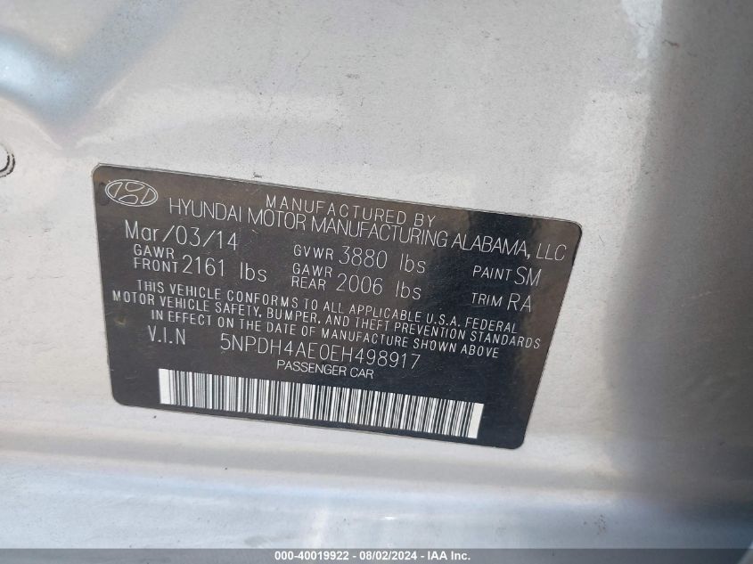 2014 Hyundai Elantra Se VIN: 5NPDH4AE0EH498917 Lot: 40019922