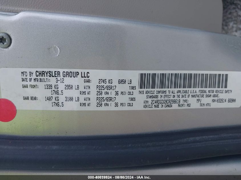 2012 Dodge Grand Caravan Crew VIN: 2C4RDGDG9CR298618 Lot: 40019924