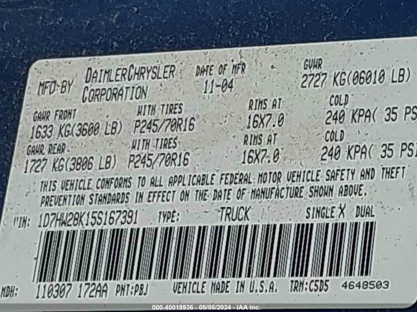 2005 Dodge Dakota St VIN: 1D7HW28K15S167391 Lot: 40019936