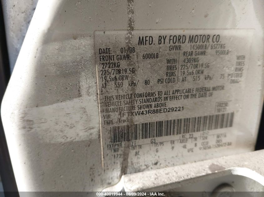 2008 Ford F-450 King Ranch/Lariat/Xl/Xlt VIN: 1FTXW43R88ED29221 Lot: 40019944