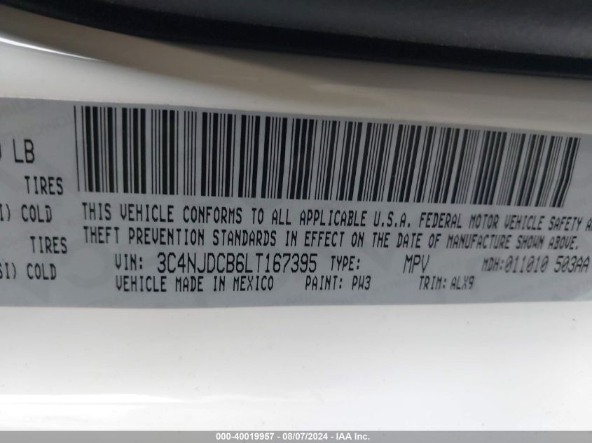 2020 Jeep Compass High Altitude 4X4 VIN: 3C4NJDCB6LT167395 Lot: 40019957
