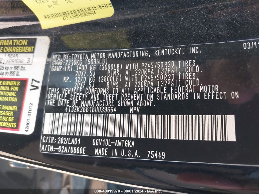 2011 Toyota Venza Base V6 VIN: 4T3ZK3BB1BU039664 Lot: 40019970