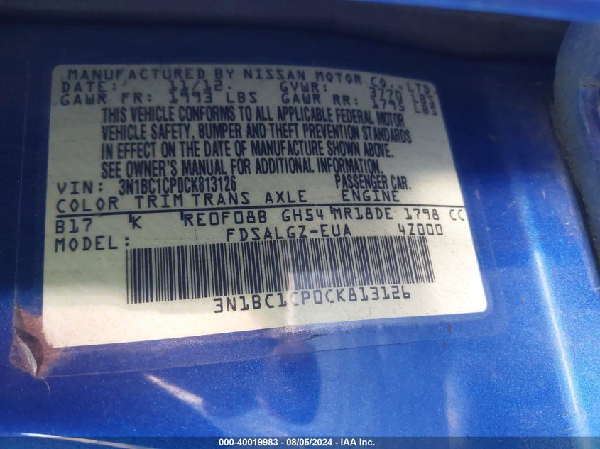 2012 Nissan Versa S/Sl VIN: 3N1BC1CP0CK813126 Lot: 40019983