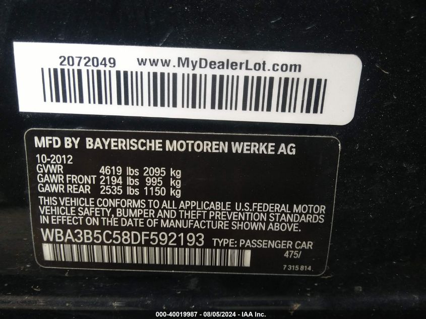 2013 BMW 328 Xi Sulev VIN: WBA3B5C58DF592193 Lot: 40019987
