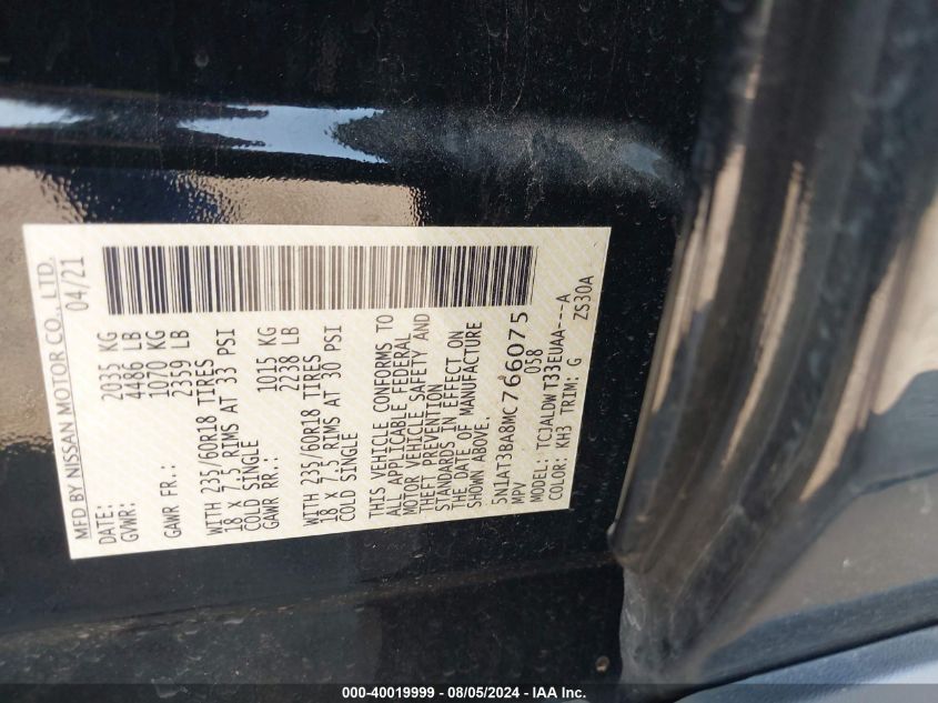 2021 Nissan Rogue Sv Fwd VIN: 5N1AT3BA8MC766075 Lot: 40019999