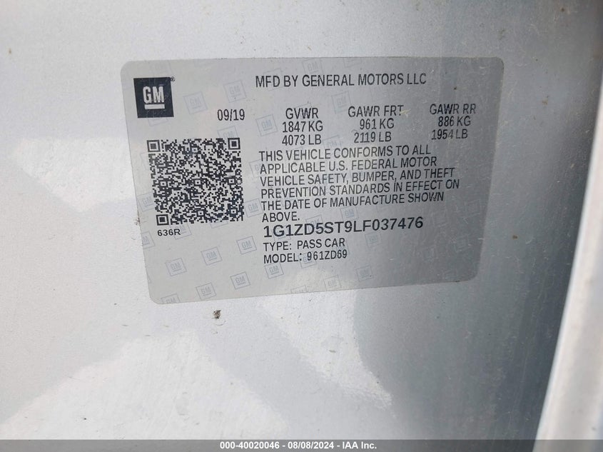 2020 CHEVROLET MALIBU VIN: 1G1ZD5ST9LF037476