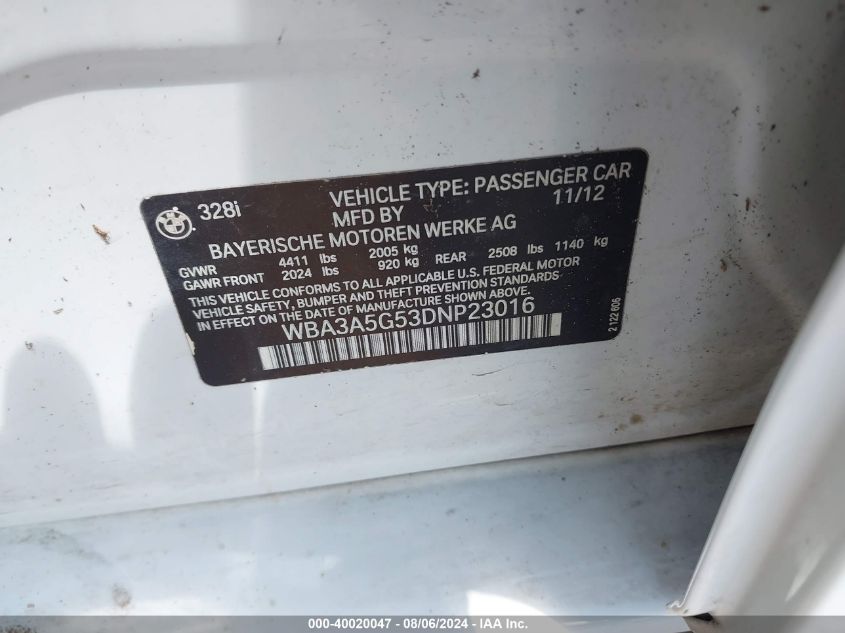 2013 BMW 328I VIN: WBA3A5G53DNP23016 Lot: 40020047