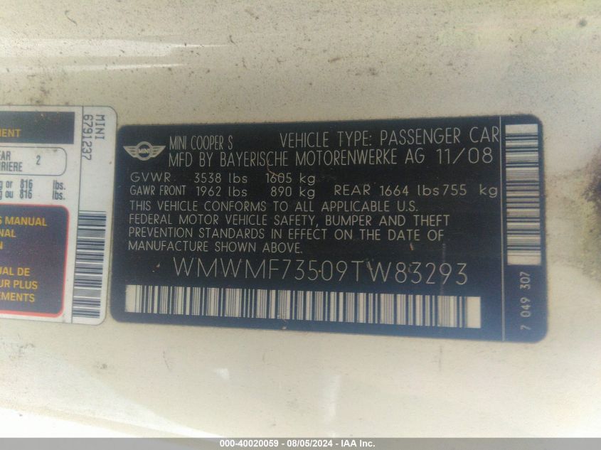 2009 Mini Cooper S S VIN: WMWMF73509TW83293 Lot: 40020059
