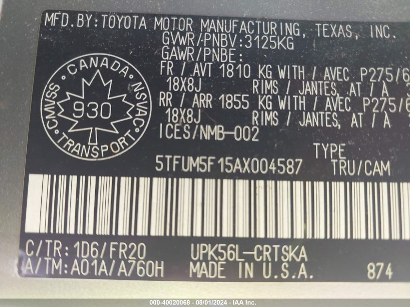 2010 Toyota Tundra Sr5 4.6L V8 VIN: 5TFUM5F15AX004587 Lot: 40020068