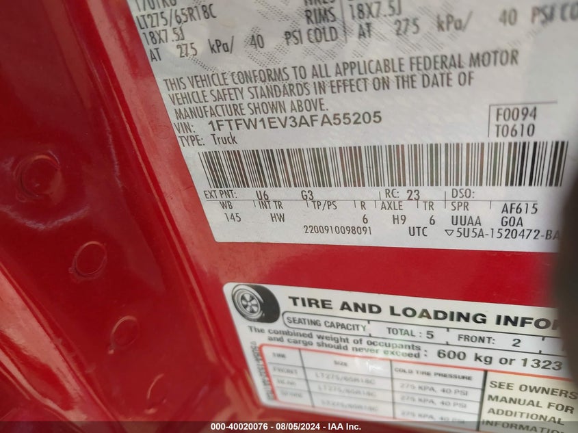 2010 Ford F-150 Fx4/Harley-Davidson/King Ranch/Lariat/Platinum/Xl/Xlt VIN: 1FTFW1EV3AFA55205 Lot: 40020076