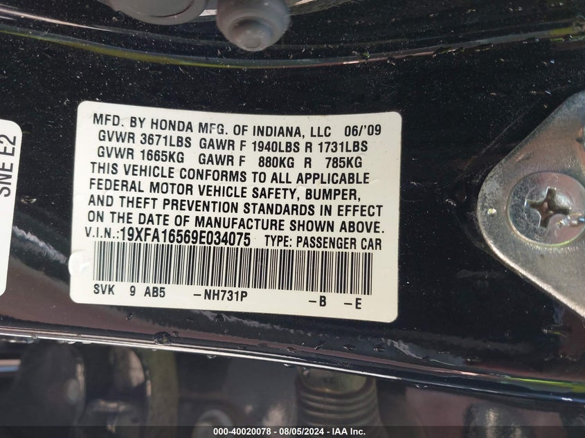 2009 Honda Civic Lx VIN: 19XFA16569E034075 Lot: 40020078