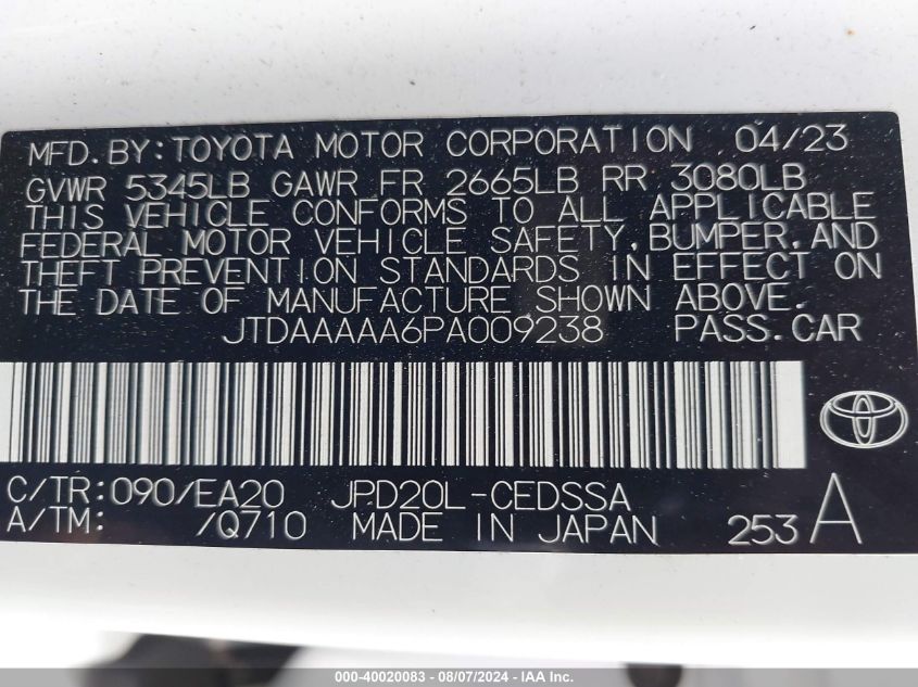 2023 Toyota Mirai Xle VIN: JTDAAAAA6PA009238 Lot: 40020083