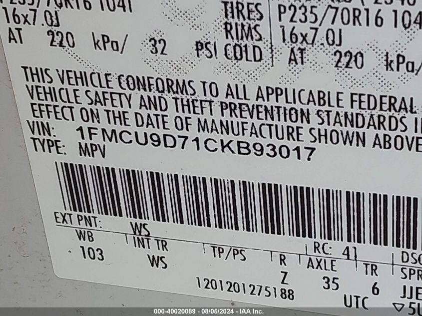 2012 Ford Escape Xlt VIN: 1FMCU9D71CKB93017 Lot: 40020089