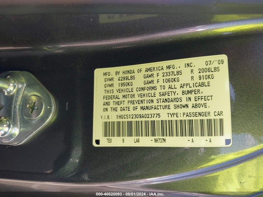 2009 Honda Accord 2.4 Lx-S VIN: 1HGCS12309A023775 Lot: 40020093
