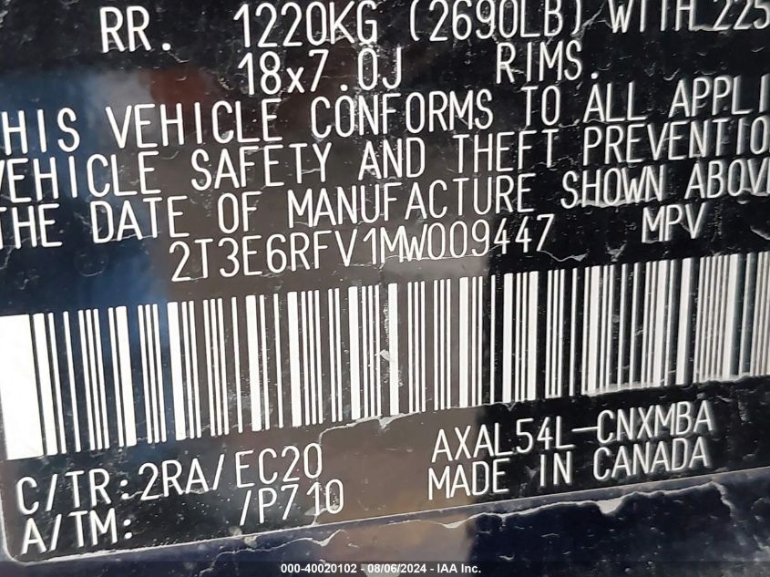 2021 Toyota Rav4 Hybrid Xse VIN: 2T3E6RFV1MW009447 Lot: 40020102