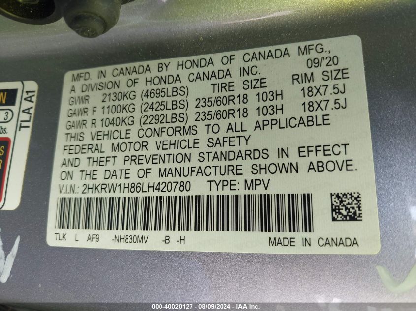 2020 Honda Cr-V 2Wd Ex-L VIN: 2HKRW1H86LH420780 Lot: 40020127