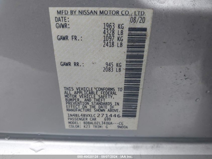 2020 Nissan Altima S Fwd VIN: 1N4BL4BVXLC271446 Lot: 40020128