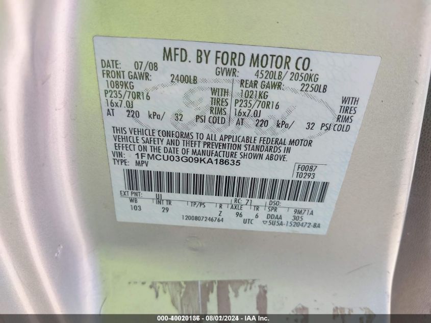 2009 Ford Escape Xlt VIN: 1FMCU03G09KA18635 Lot: 40020136