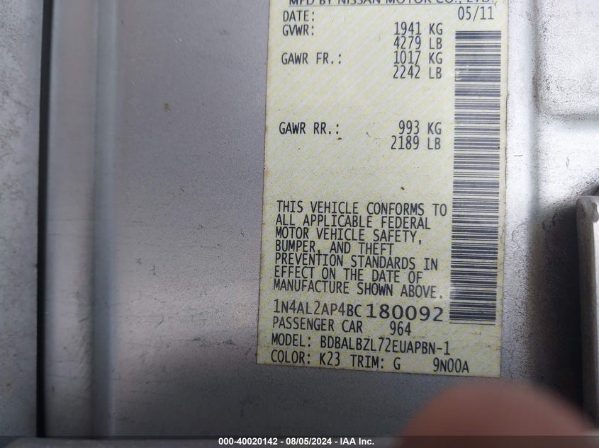 2011 Nissan Altima 2.5 S VIN: 1N4AL2AP4BC180092 Lot: 40020142