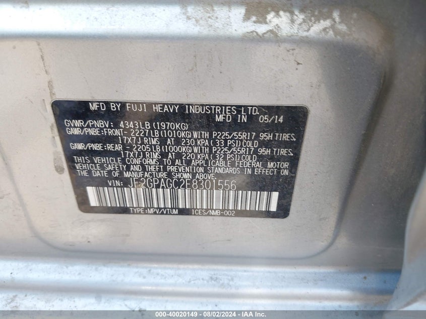 2014 SUBARU XV CROSSTREK 2.0 LIMITED - JF2GPAGC2E8301556