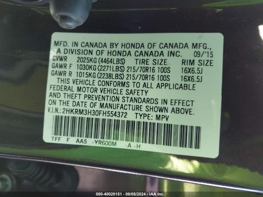 2015 Honda Cr-V Lx VIN: 2HKRM3H30FH554372 Lot: 40020151