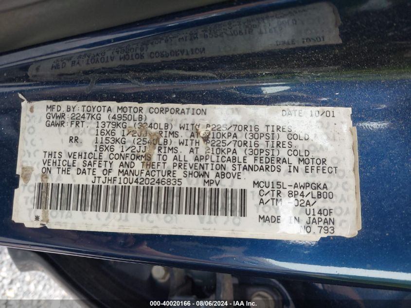 2002 Lexus Rx 300 VIN: JTJHF10U420246835 Lot: 40020166