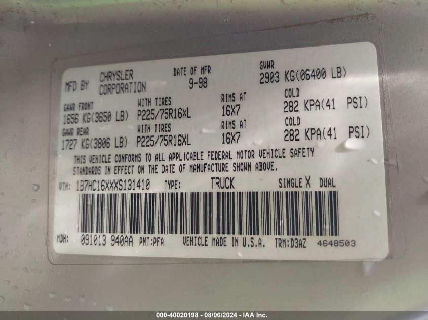 1999 Dodge Ram 1500 St/Ws VIN: 1B7HC16XXXS131410 Lot: 40020198