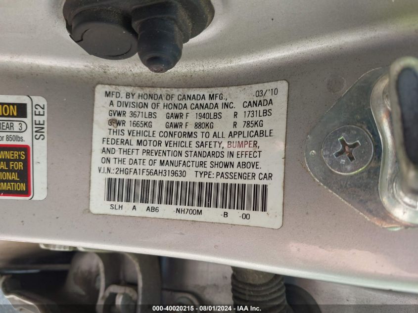 2010 Honda Civic Lx VIN: 2HGFA1F56AH319630 Lot: 40020215