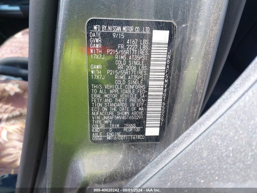 2016 Nissan Juke Sv VIN: JN8AF5MV4GT650291 Lot: 40020242