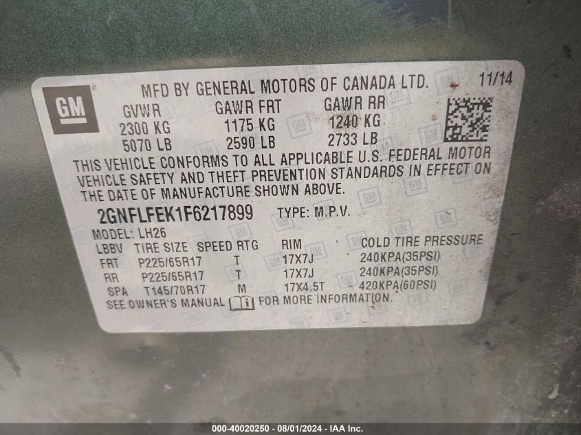 2015 Chevrolet Equinox 1Lt VIN: 2GNFLFEK1F6217899 Lot: 40020250