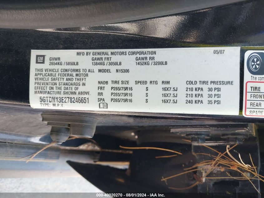 2007 Hummer H3 Suv VIN: 5GTDN13E278246651 Lot: 40020270