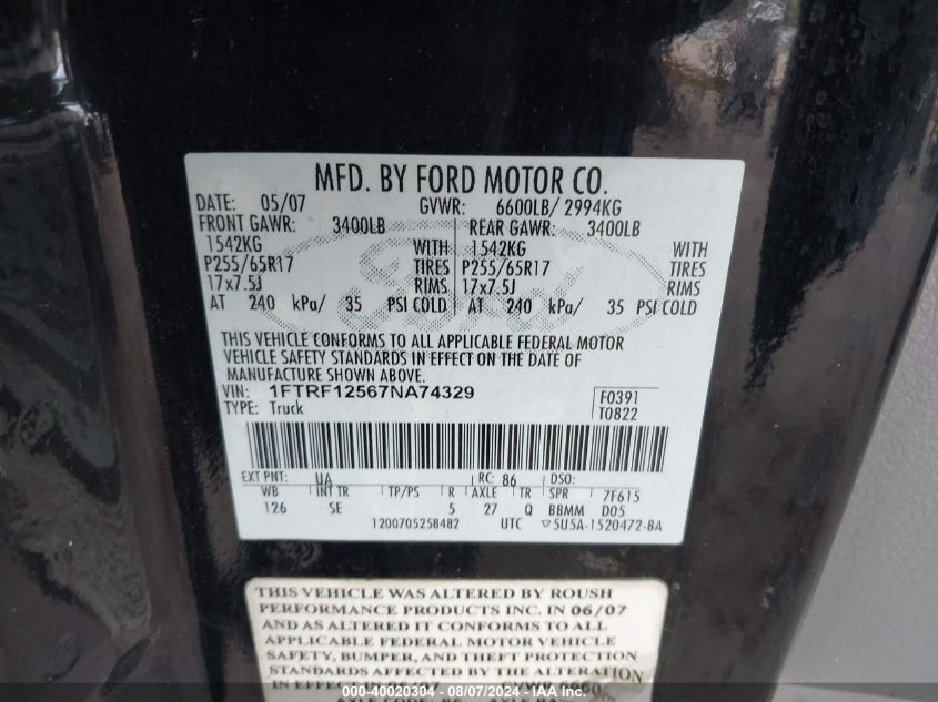 2007 Ford F-150 Stx/Xl/Xlt VIN: 1FTRF12567NA74329 Lot: 40020304