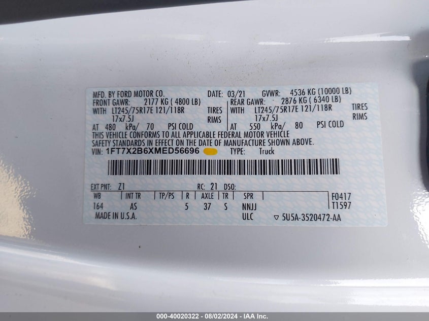 2021 Ford F-250 Xl VIN: 1FT7X2B6XMED56696 Lot: 40020322