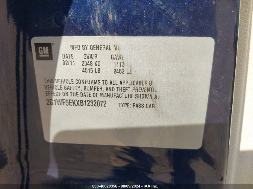 2011 Chevrolet Impala Ls VIN: 2G1WF5EKXB1232072 Lot: 40020356