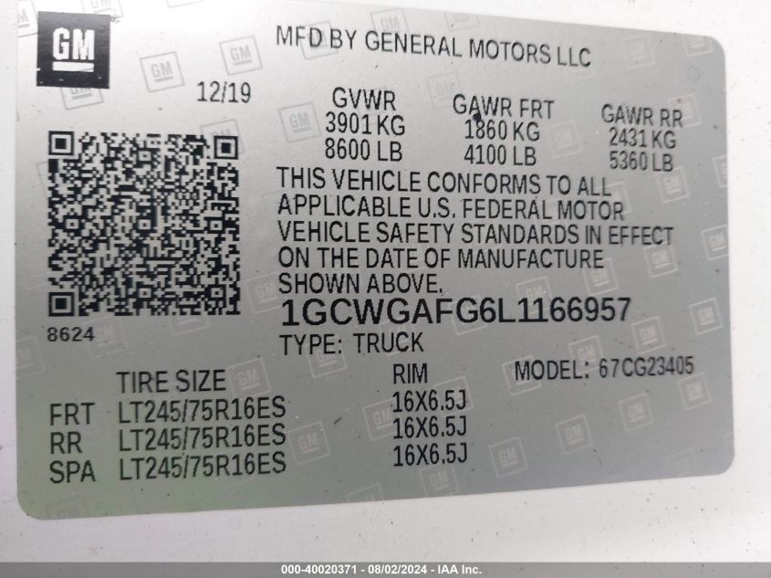 2020 Chevrolet Express G2500 VIN: 1GCWGAFG6L1166957 Lot: 40020371