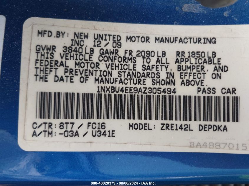 2010 Toyota Corolla Le VIN: 1NXBU4EE9AZ305494 Lot: 40020379