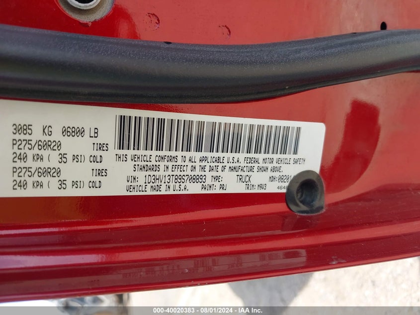 2009 Dodge Ram 1500 Laramie/Slt/Sport/Trx/St VIN: 1D3HV13T89S708893 Lot: 40020383